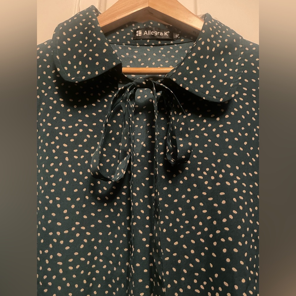 NWT Allegra K Teal and White Polka Dot Blouse - Picture 3 of 14